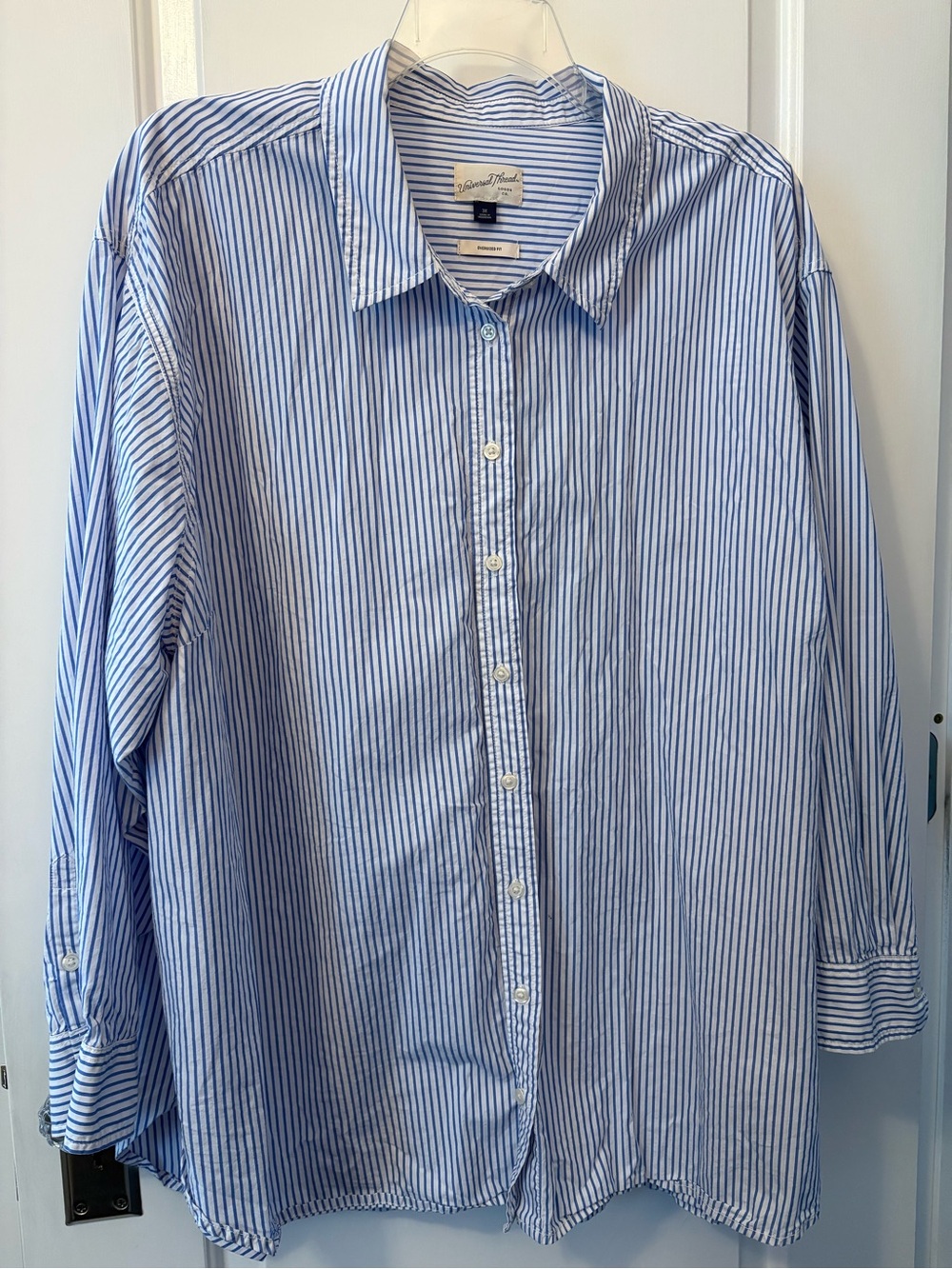 Universal Thread Women’s Oversized Fit Blue & White Pinstripe Button-Down Shirt